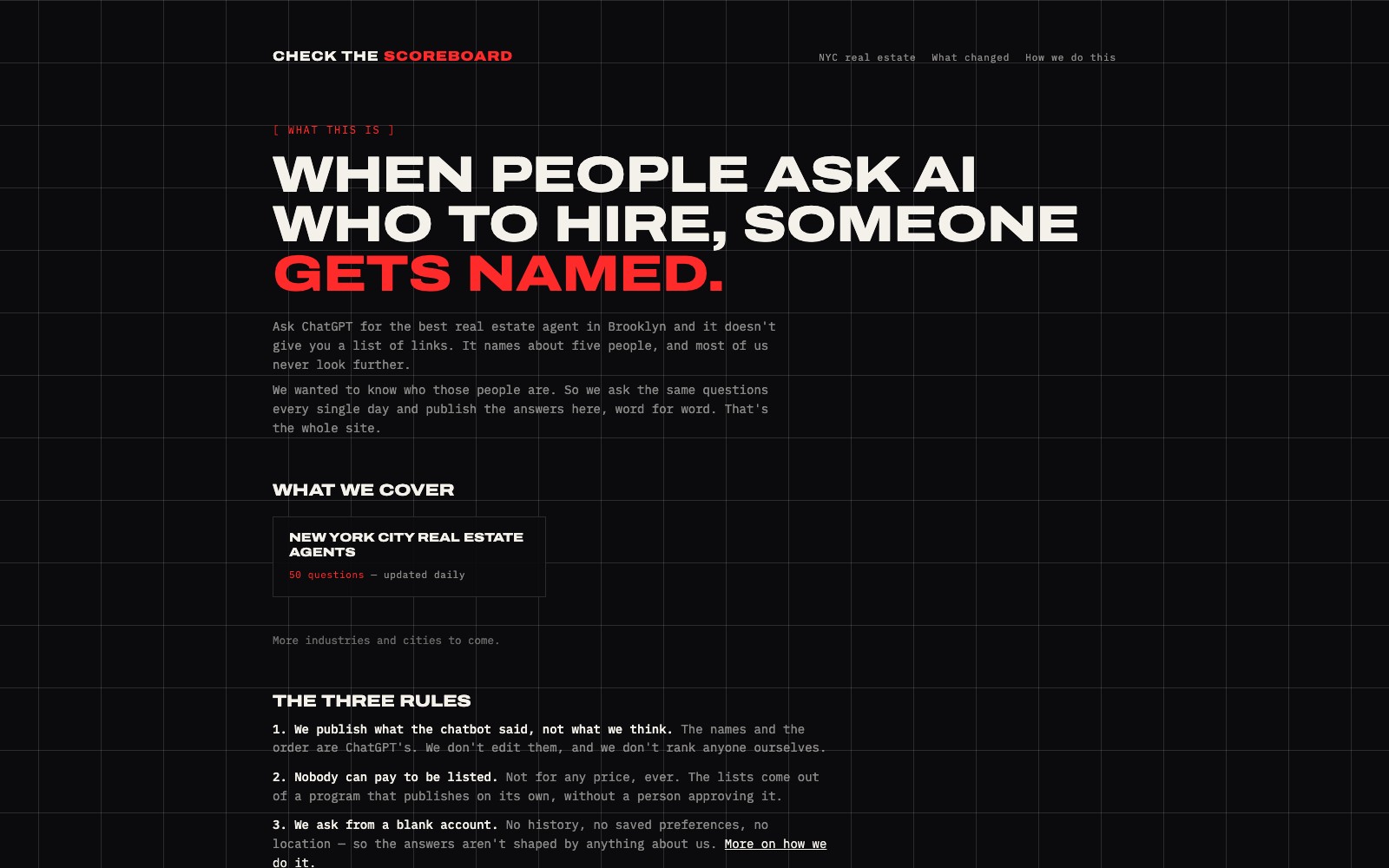 Check The Scoreboard homepage — daily AI visibility leaderboards for New York City real estate agents, built by Josh Popkin