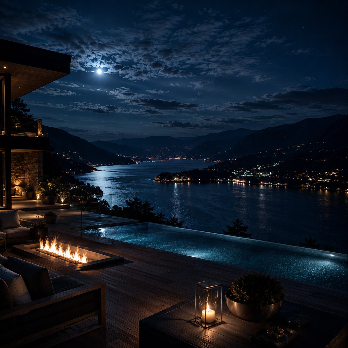 Album cover for Untouchable by Josh Popkin — a moonlit lakeside terrace at night