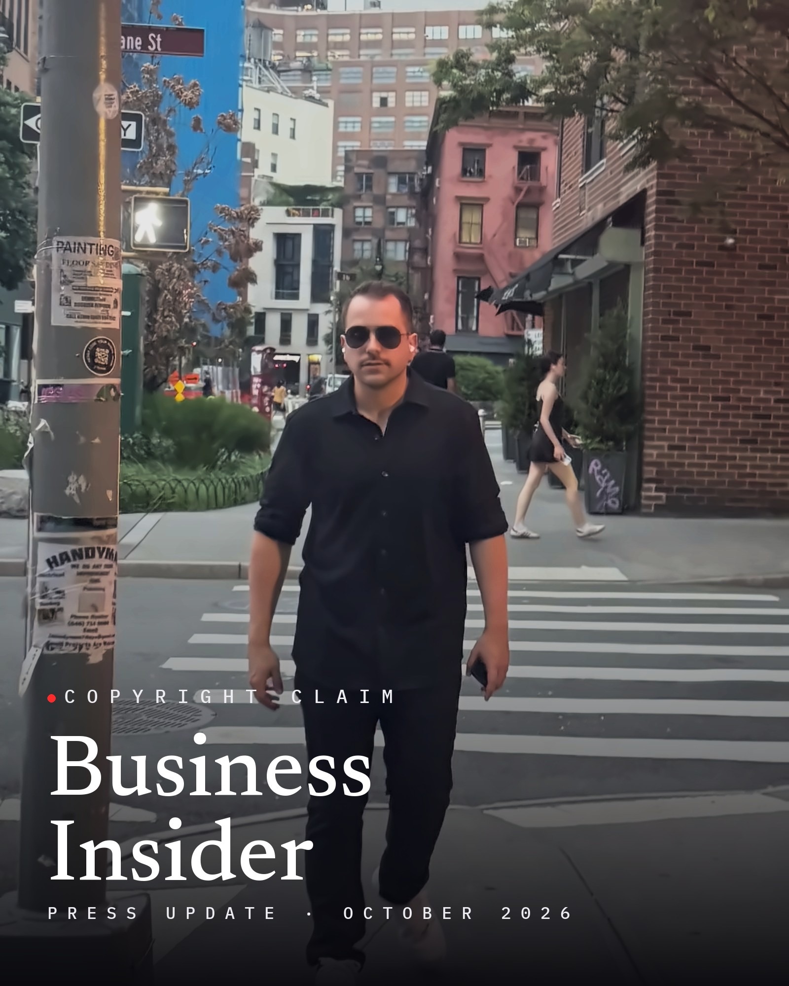 Josh Popkin headshot: Josh Paul Popkin in a black shirt and sunglasses crossing a Manhattan street, with the title Business Insider and the kicker Copyright Claim