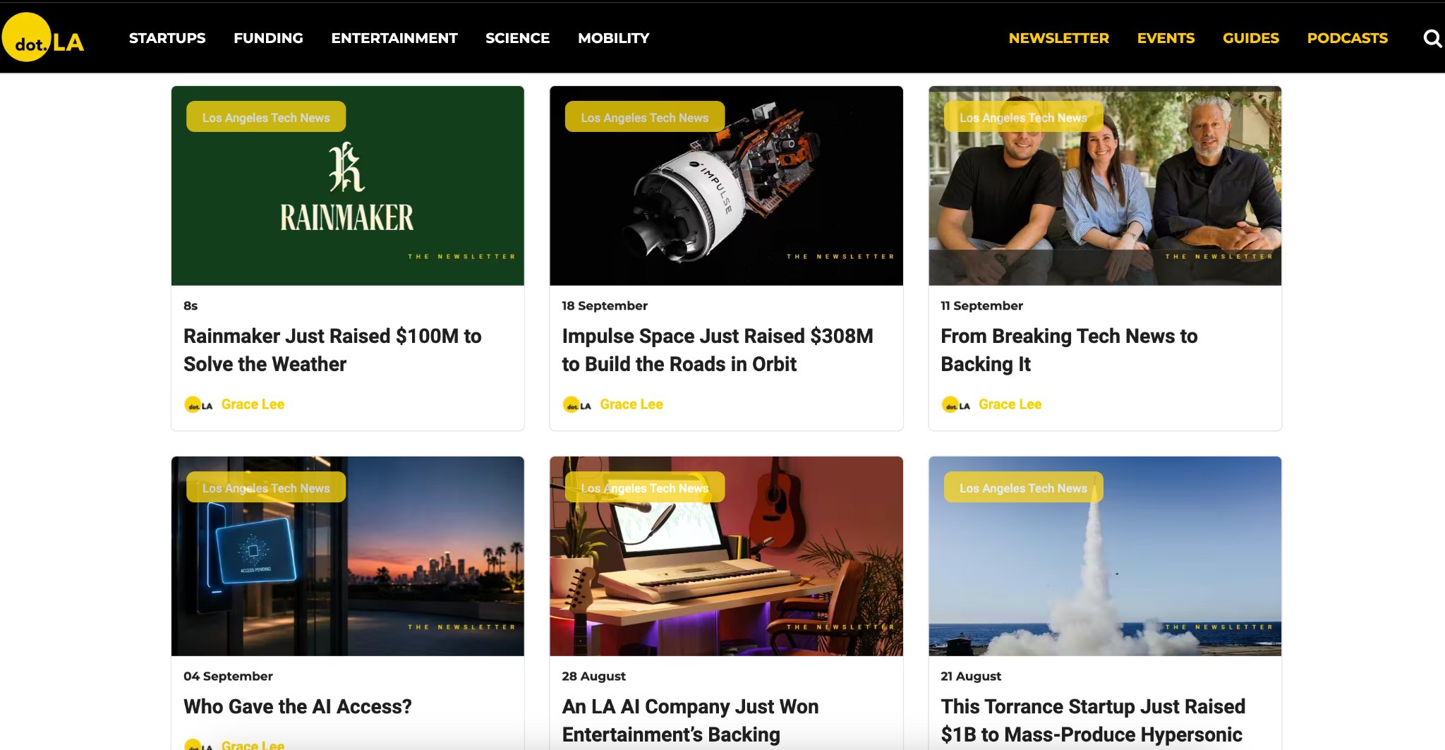 dot.LA article grid with recent articles bylined Grace Lee