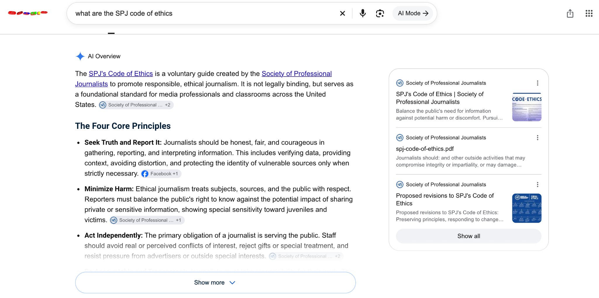 Google AI Overview summarizing the SPJ Code of Ethics and its four core principles